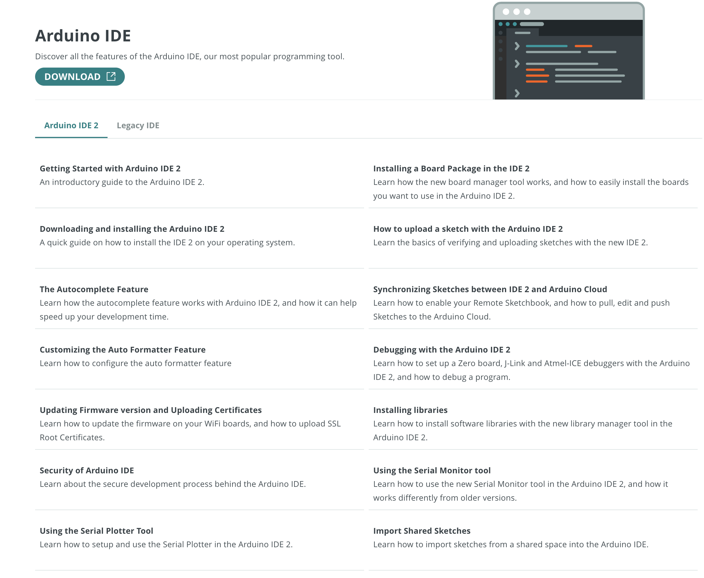 Screenshot of the Arduino IDE documentation page
