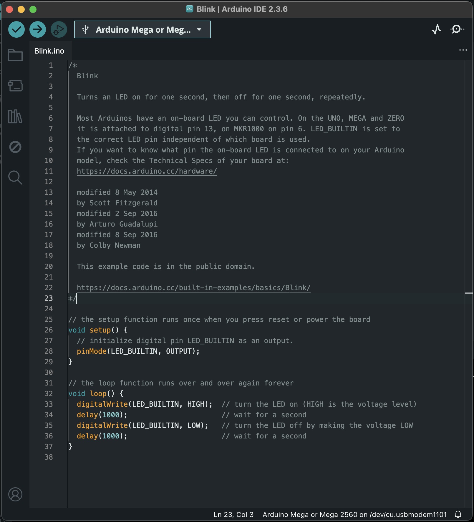 A view of the Blink.ino code in the Arduino IDE
