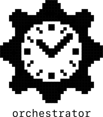 An icon of an orchestrator, a clock set within a toothed gear
