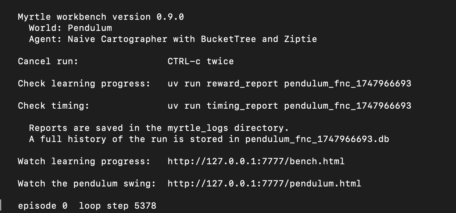A screenshot of the console when running one of the examples.
It has a splash message and instructions for how to view reports
about reward and timing, and how to view an animation in the browser.
